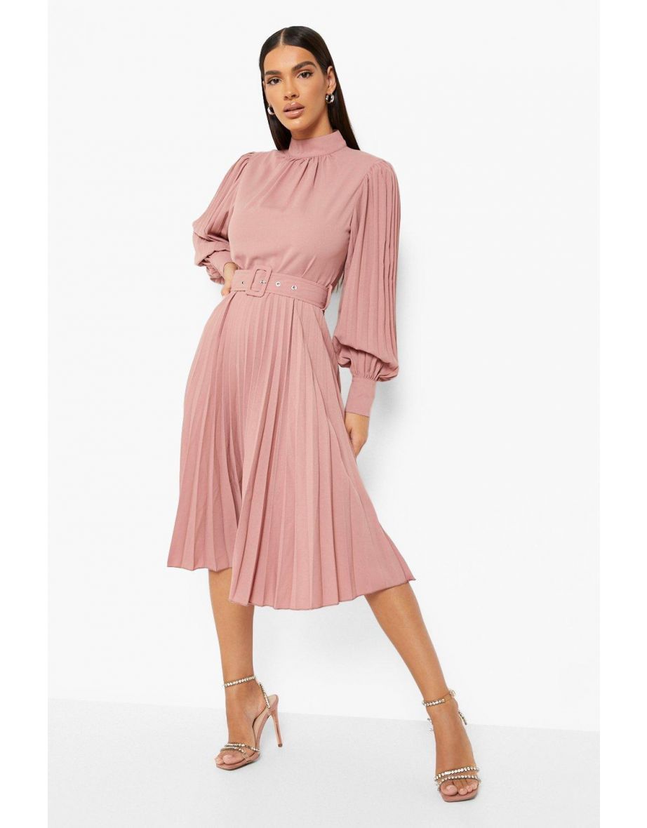 Belted High Neck Pleated Skater Dress - rose