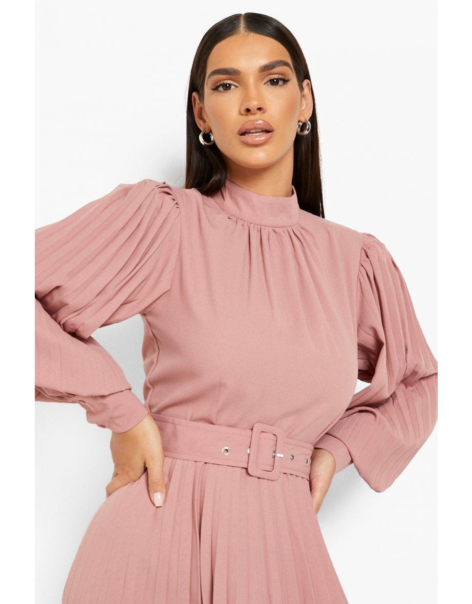 Belted High Neck Pleated Skater Dress - rose - 3