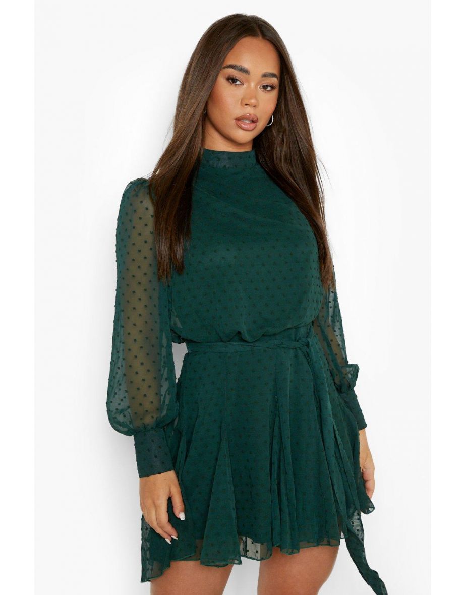 فستان سكاتر منقط بياقة عالية - أخضر