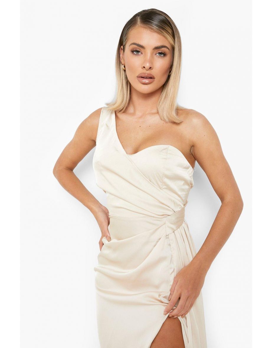 Satin One Shoulder Drape Maxi Dress - champagne - 3