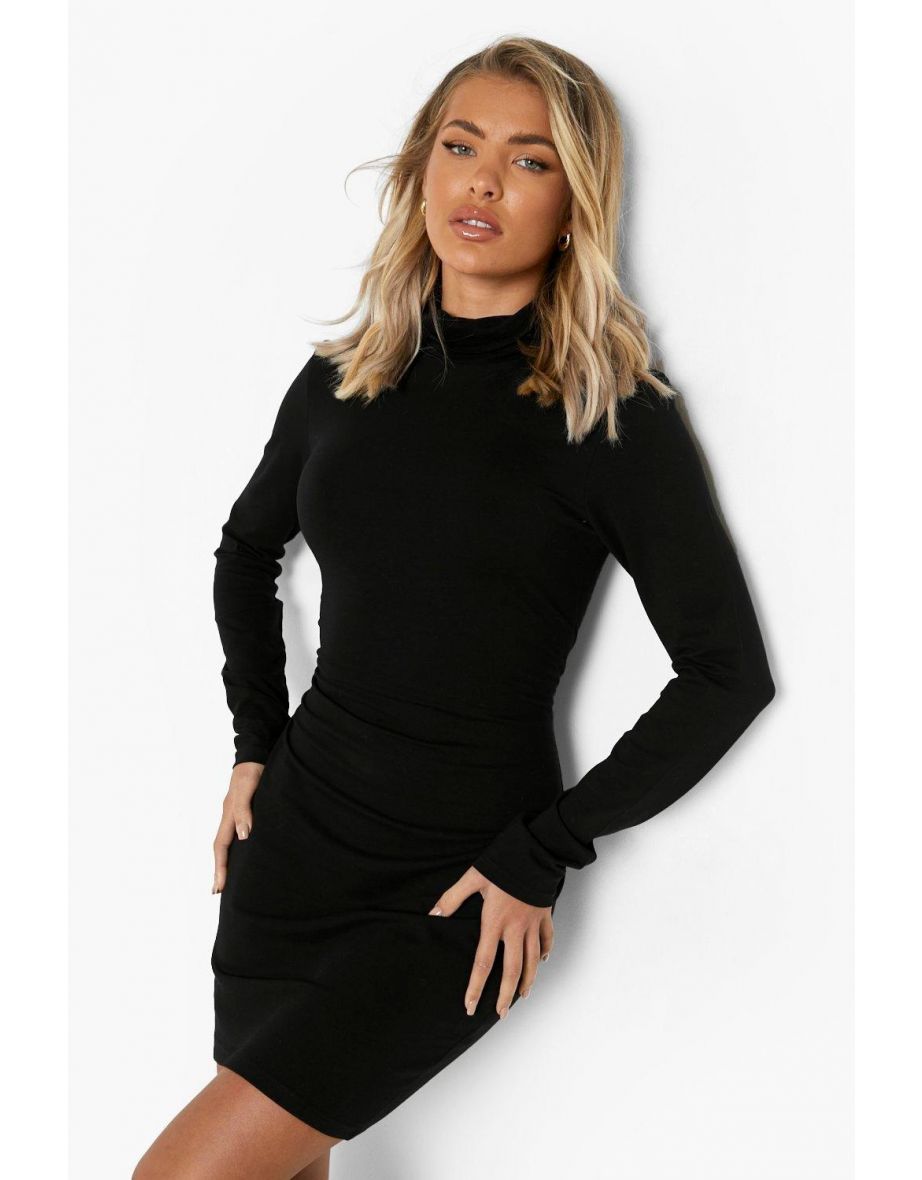 Roll Neck Long Sleeve Mini Dress - black - 3
