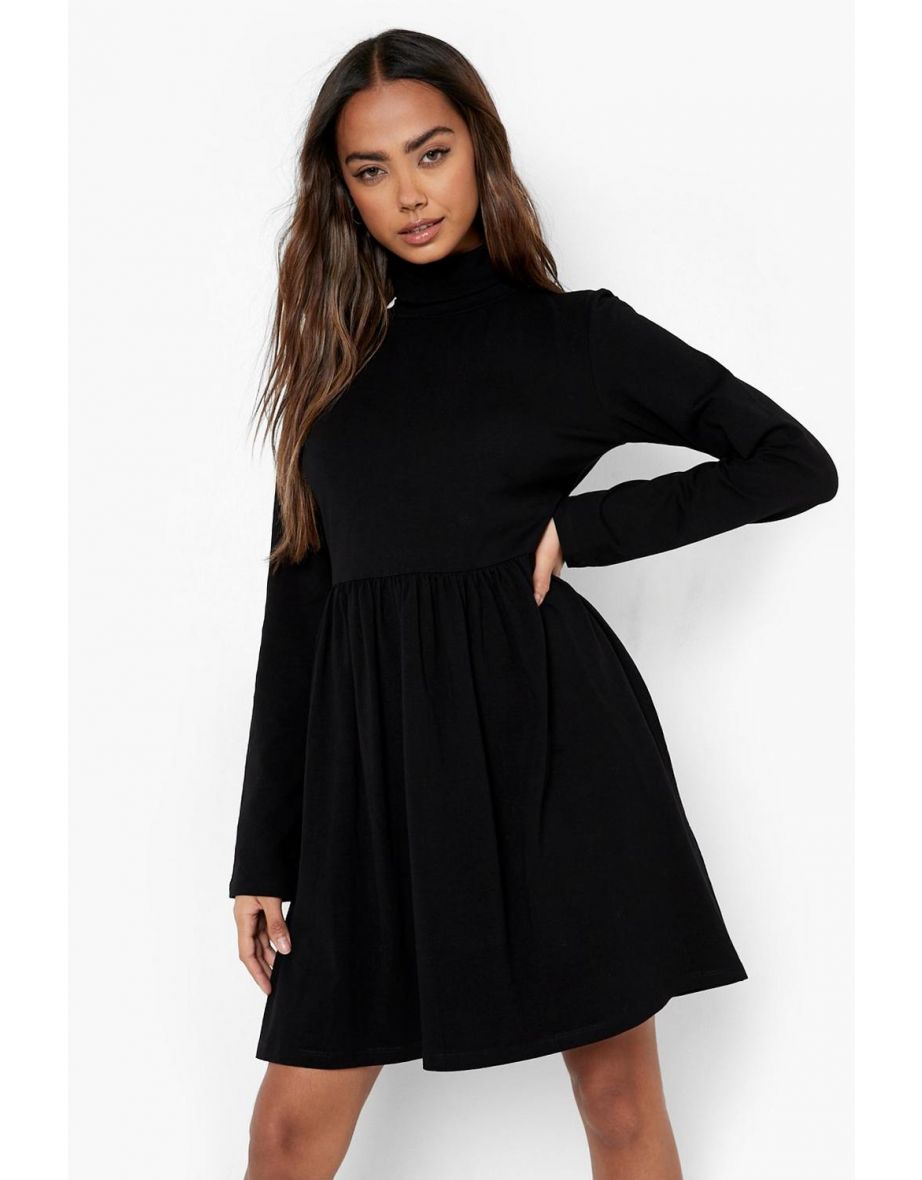 Roll Neck Long Sleeve Skater Dress - black