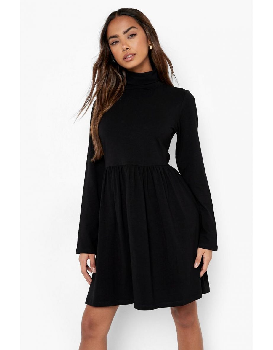 Roll Neck Long Sleeve Skater Dress - black - 3