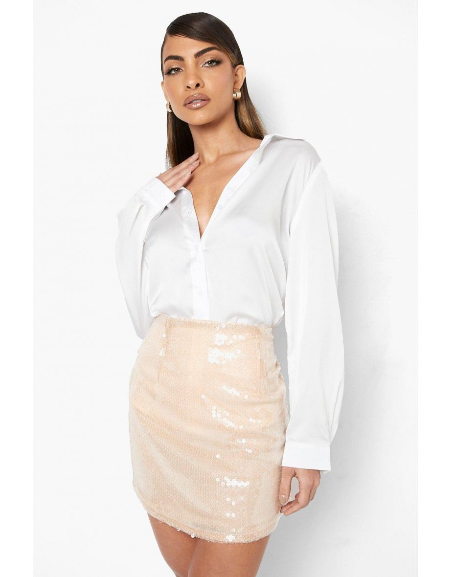 Sequin Curved Hem Mini Skirt - nude