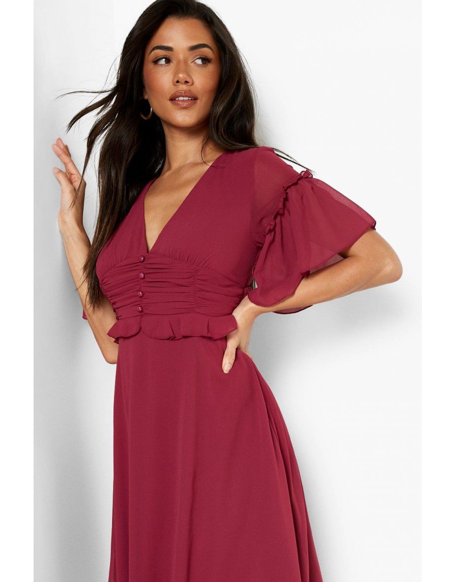 Pleated Ruffle Detail Midi Smock Dress - berry - 3