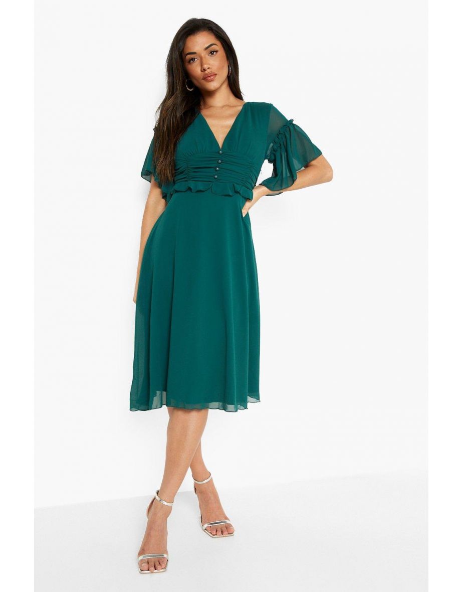 Pleated Ruffle Detail Midi Smock Dress - bottle green