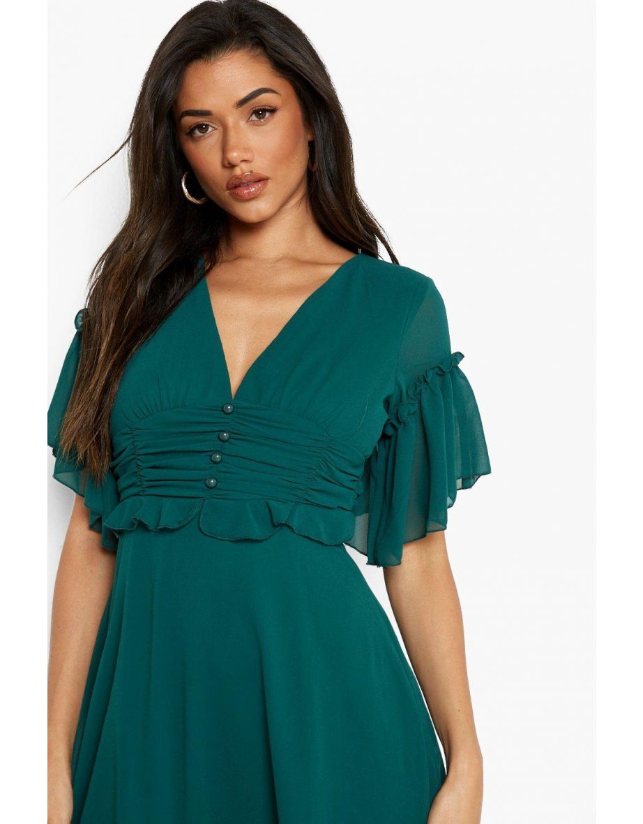 Pleated Ruffle Detail Midi Smock Dress - bottle green - 3