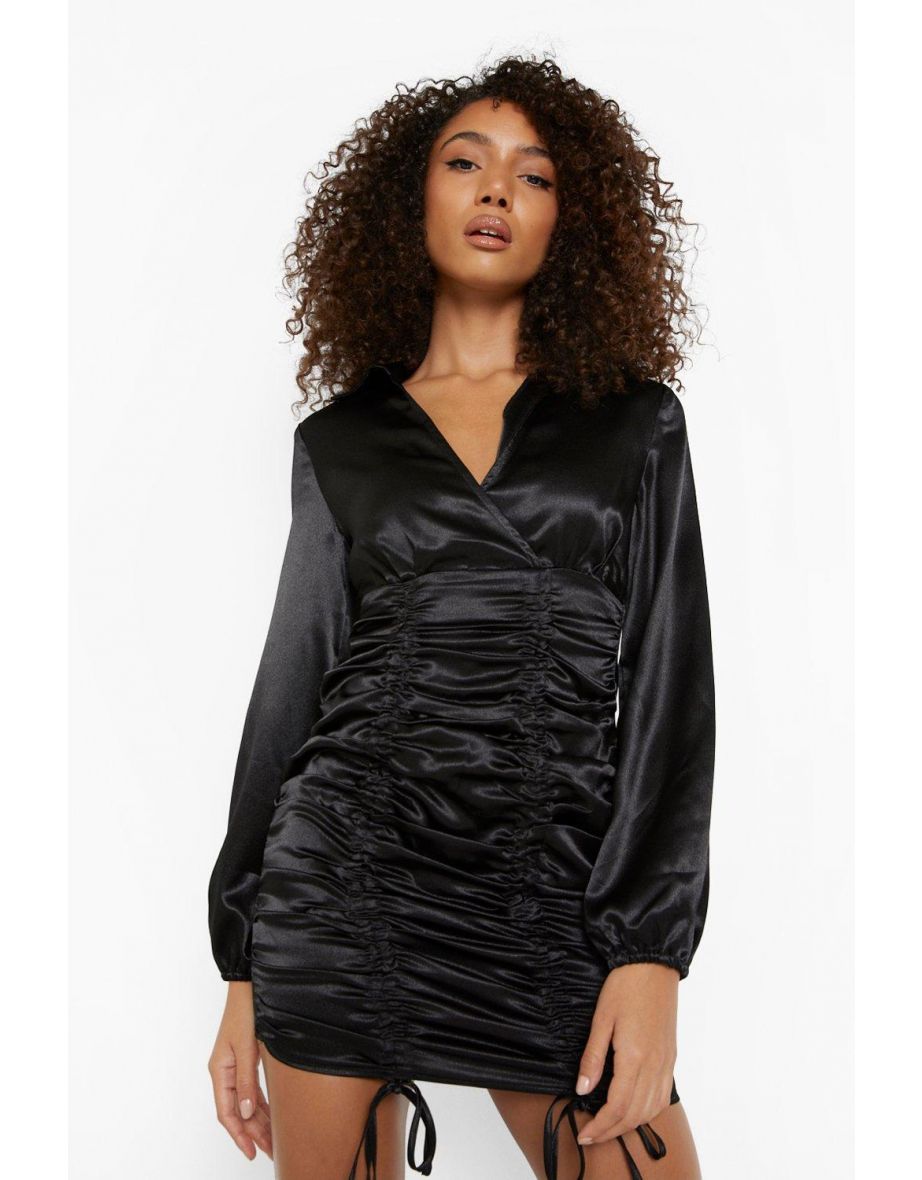 Satin Ruched Tie Detail Shirt Dress - black