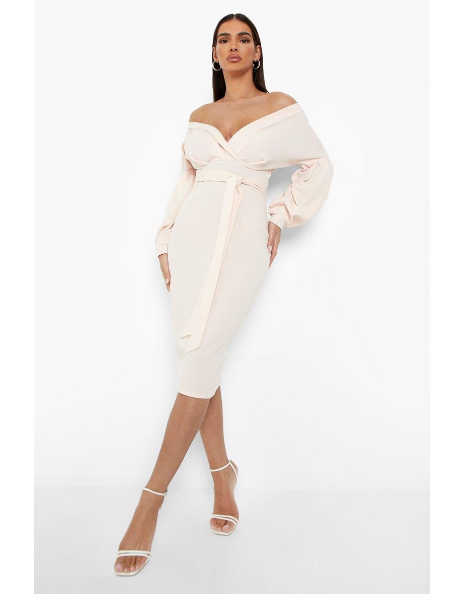 Recycled Off The Shoulder Wrap Midi Dress - blush