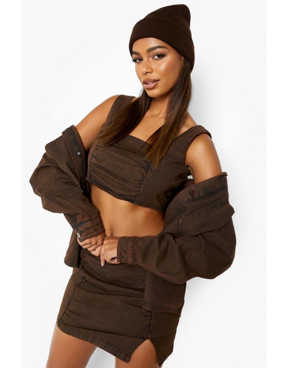 Ruched Panel Denim Crop Top - brown