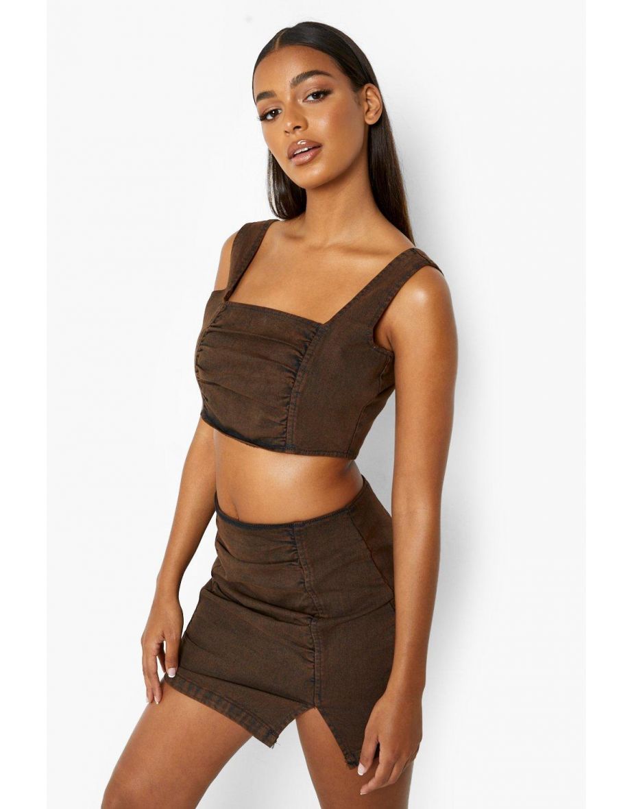 Ruched Panel Denim Crop Top - brown - 3