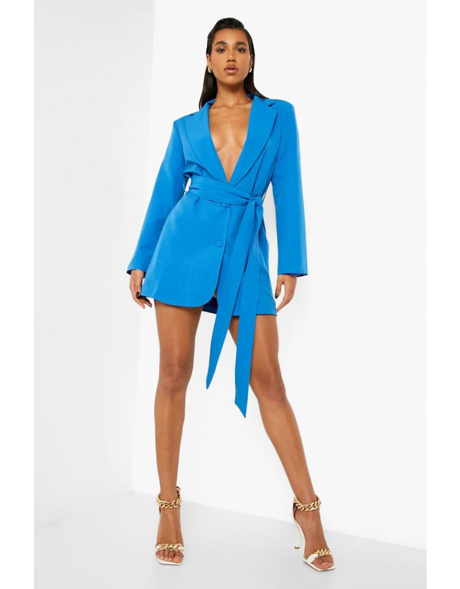 Obi Tie Waist Blazer Dress - cobalt