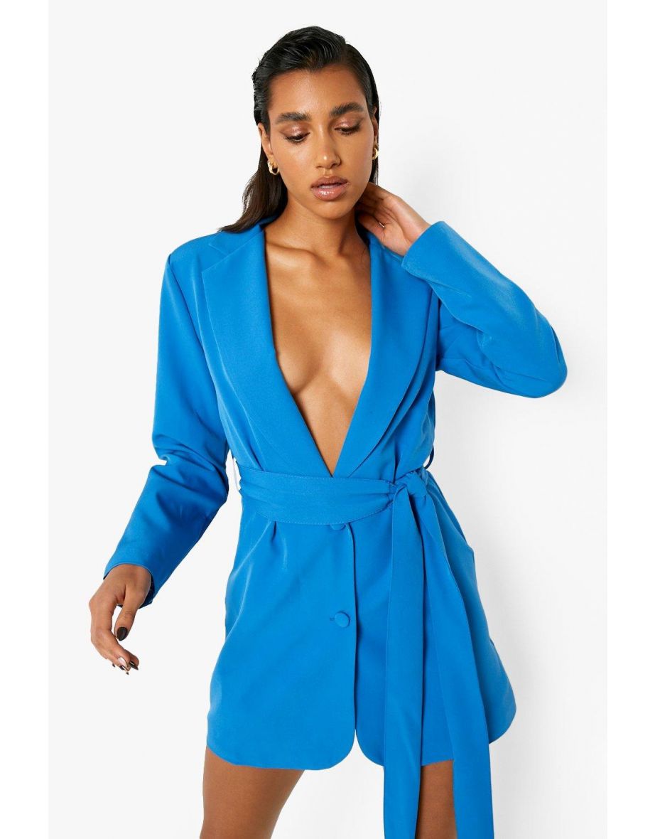 Obi Tie Waist Blazer Dress - cobalt - 3