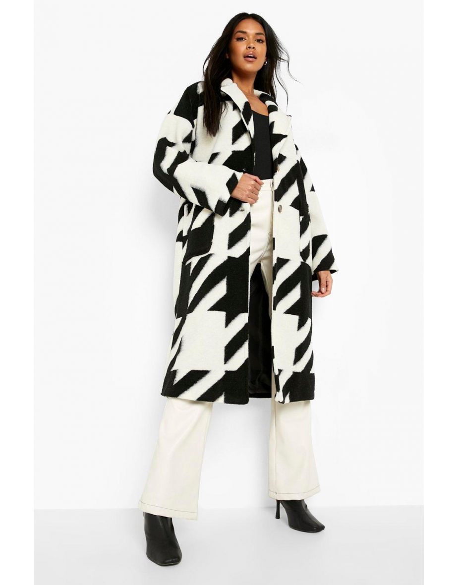 Oversized Dogtooth Wool Look Coat - black
