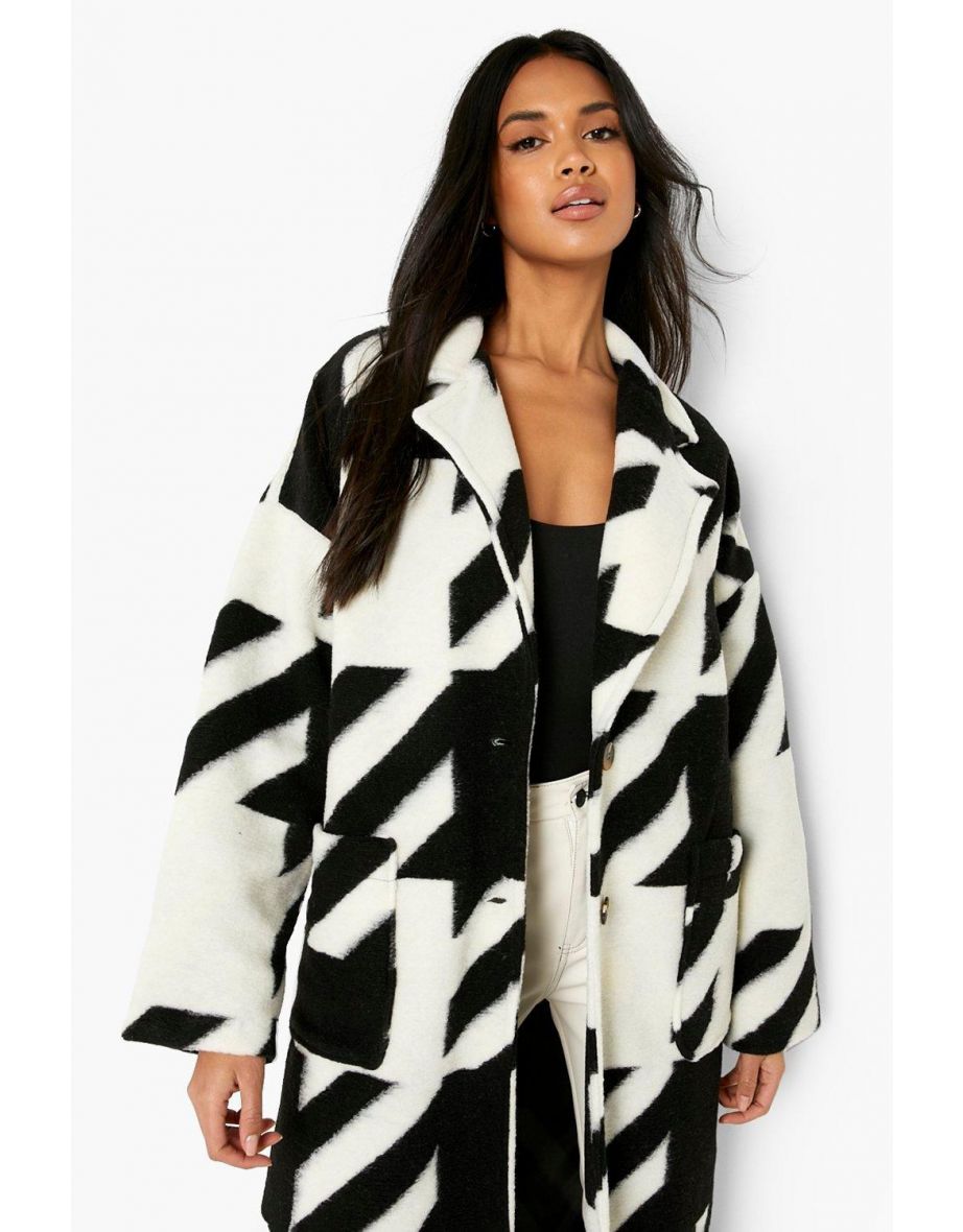 Oversized Dogtooth Wool Look Coat - black - 3