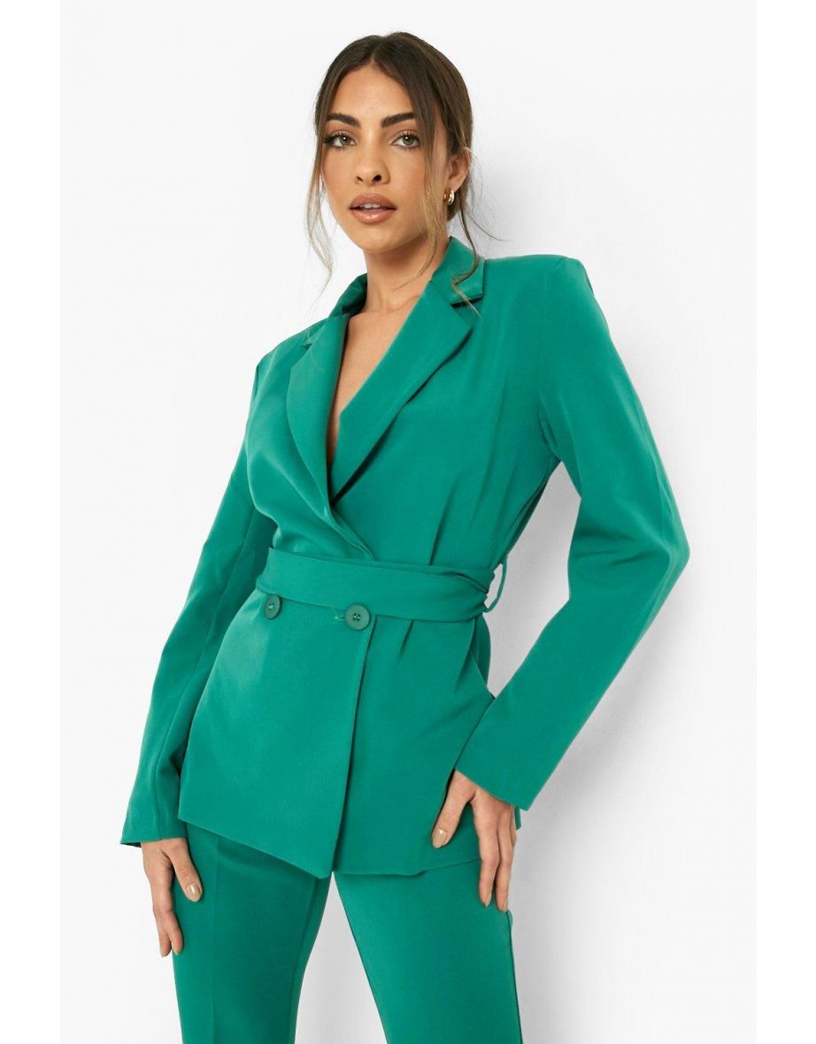 Tie Waist Fitted Tailored Blazer - bottle green