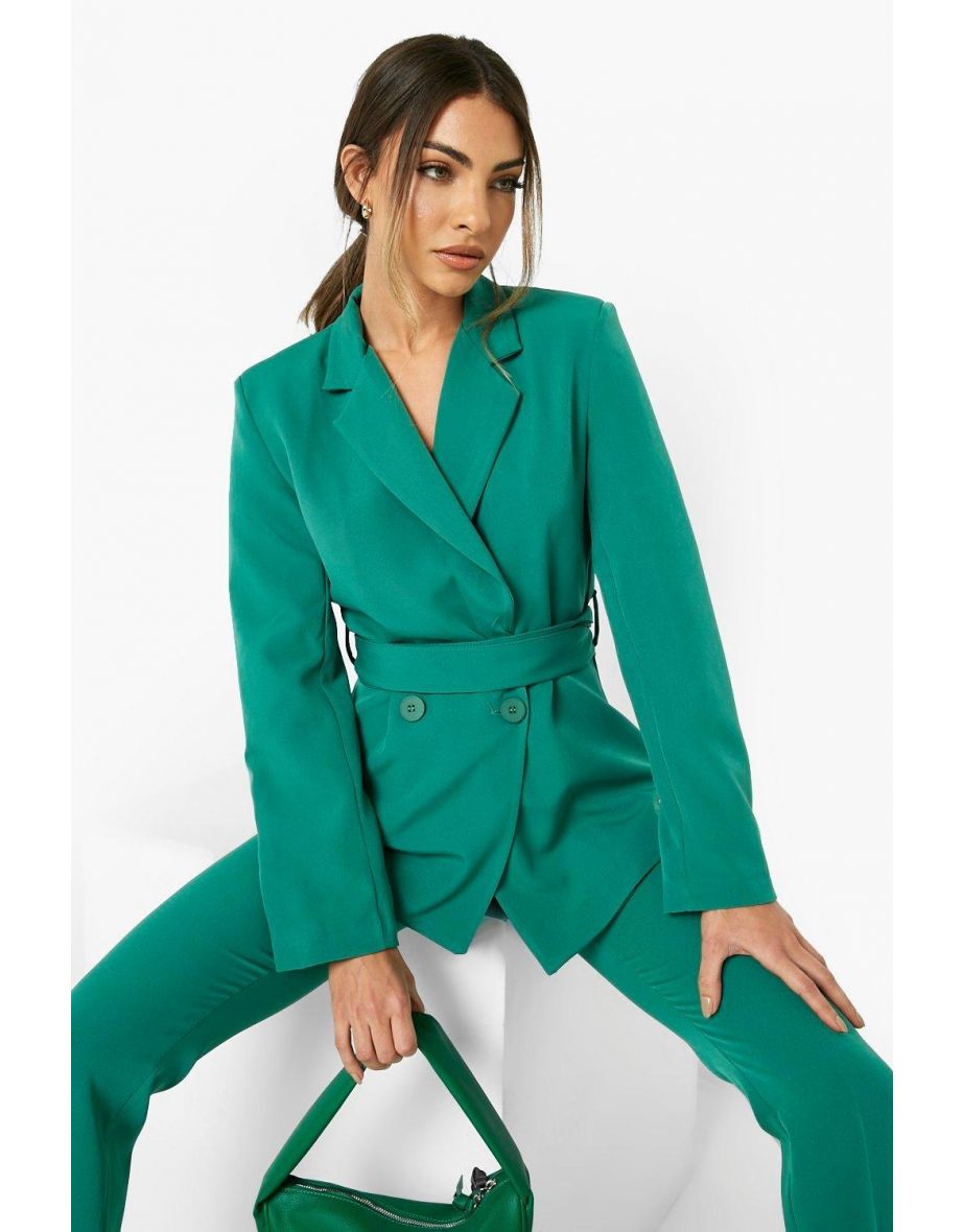 Tie Waist Fitted Tailored Blazer - bottle green - 3