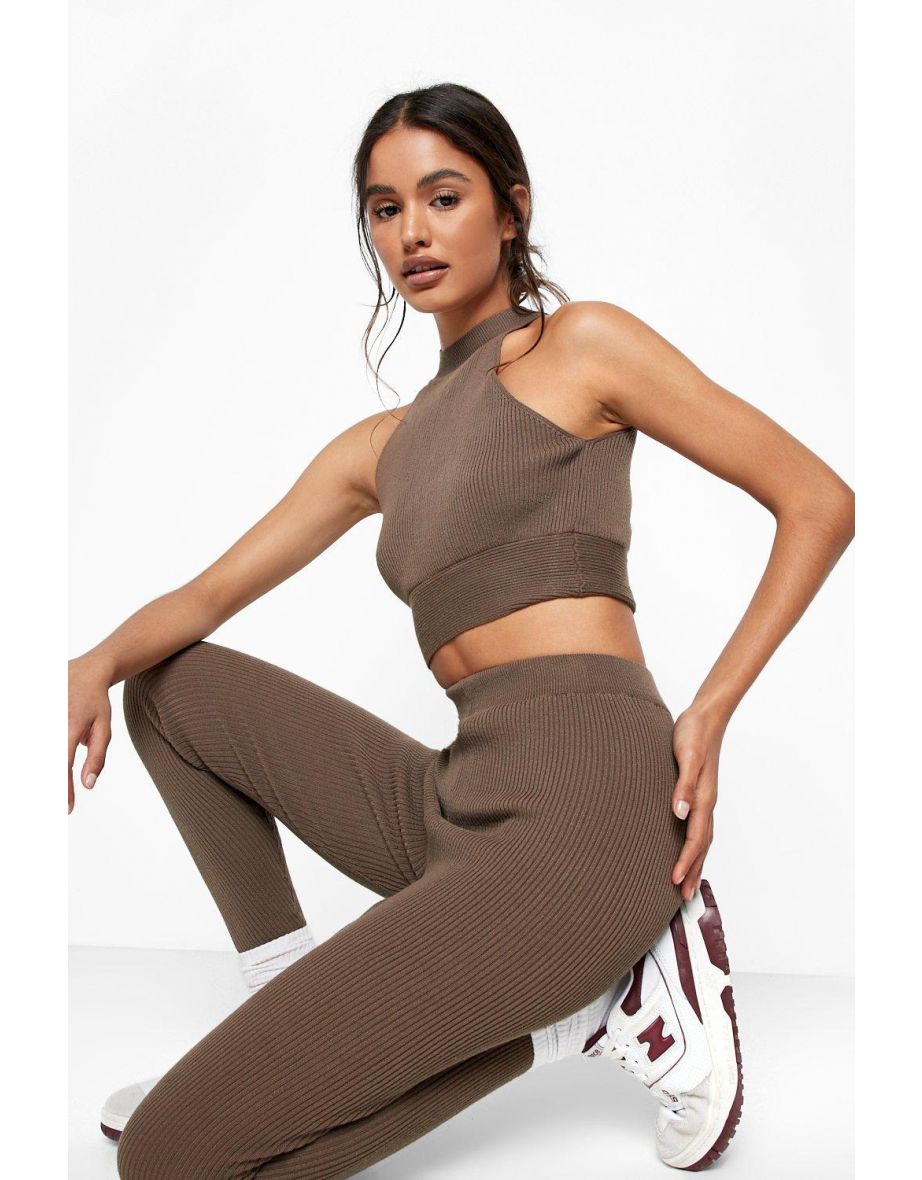 Scoop Halterneck And Leggings Knitted Set - chocolate