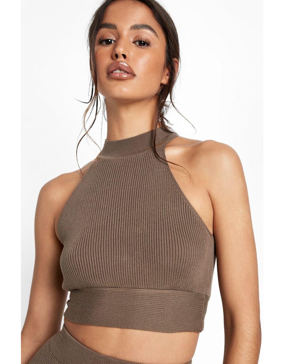 Scoop Halterneck And Leggings Knitted Set - chocolate - 3