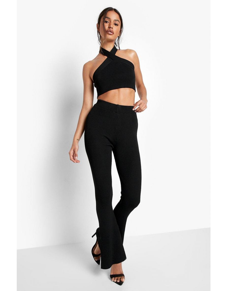 Halterneck And Split Leggings Knitted Set - black