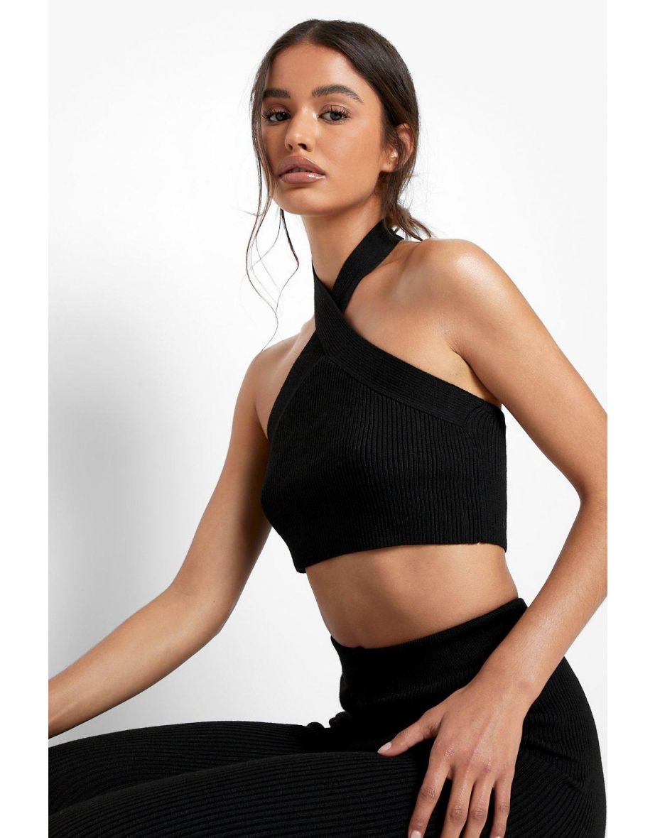 Halterneck And Split Leggings Knitted Set - black - 3