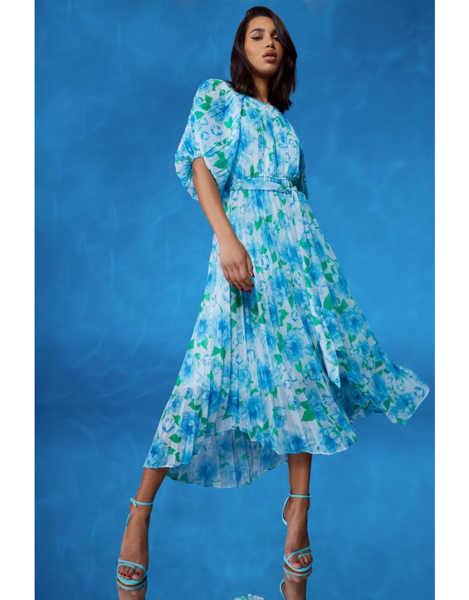 Blue floral outlet pleated midi dress