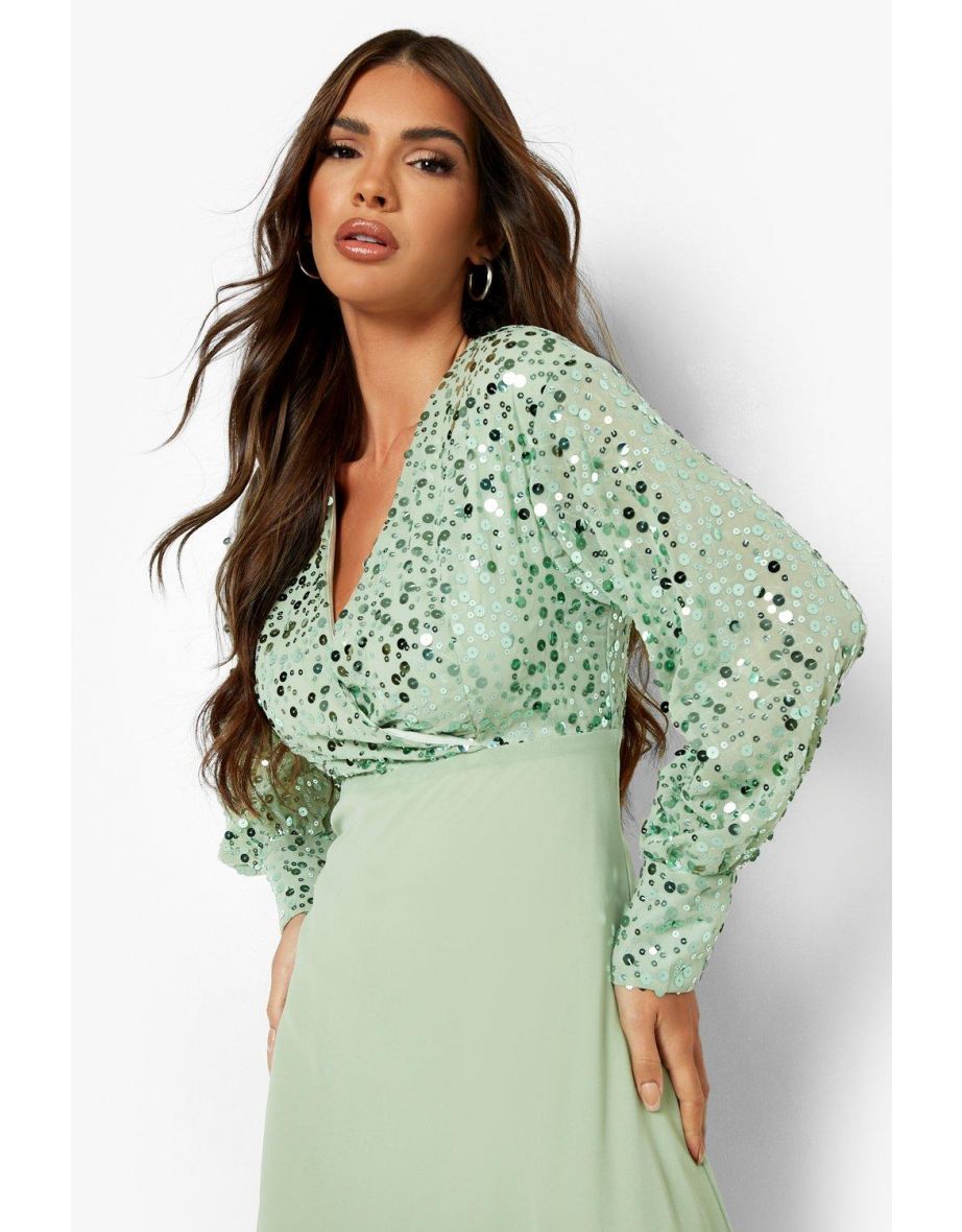 Sequin Wrap Midi Skater Dress - sage - 3