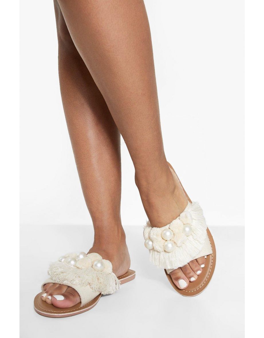 Pearl Pom Pom Detail  Strap Sliders - nude