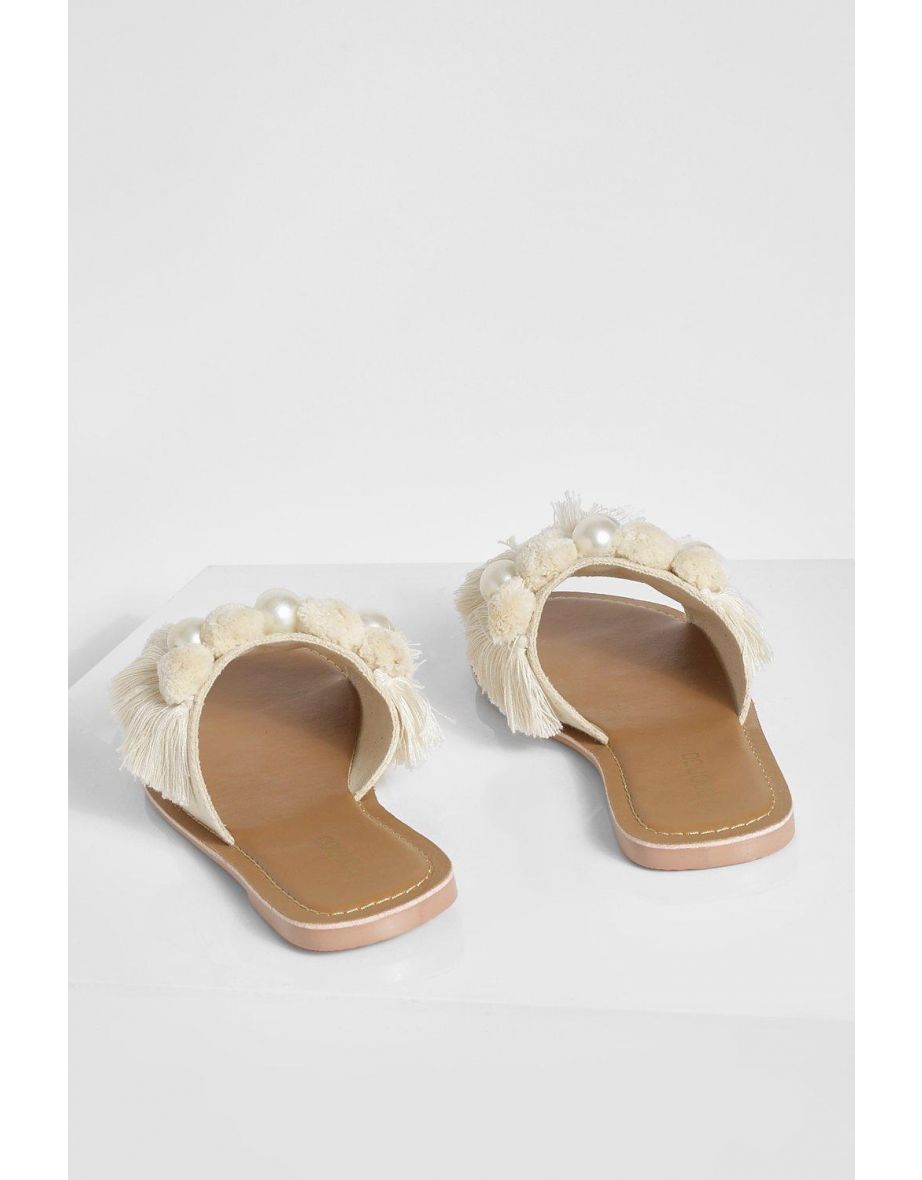Pearl Pom Pom Detail  Strap Sliders - nude - 3