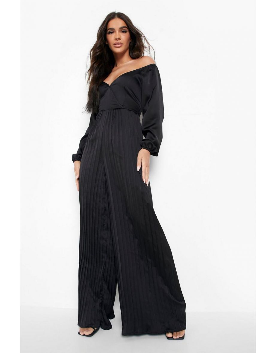 Pleated Off The Shoulder Culotte Jumpsuit - black