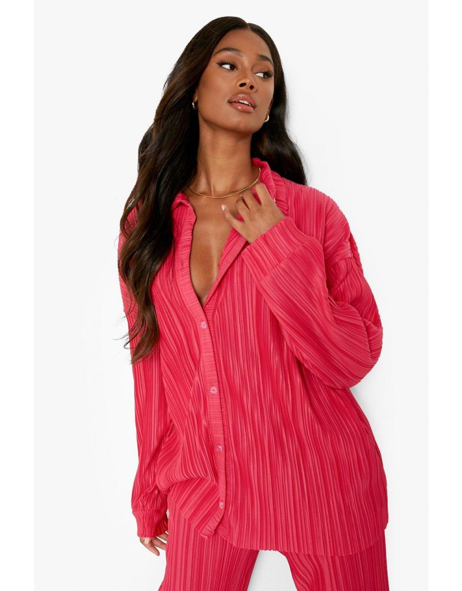 Plisse Oversized Relaxed Fit Shirt - hot pink