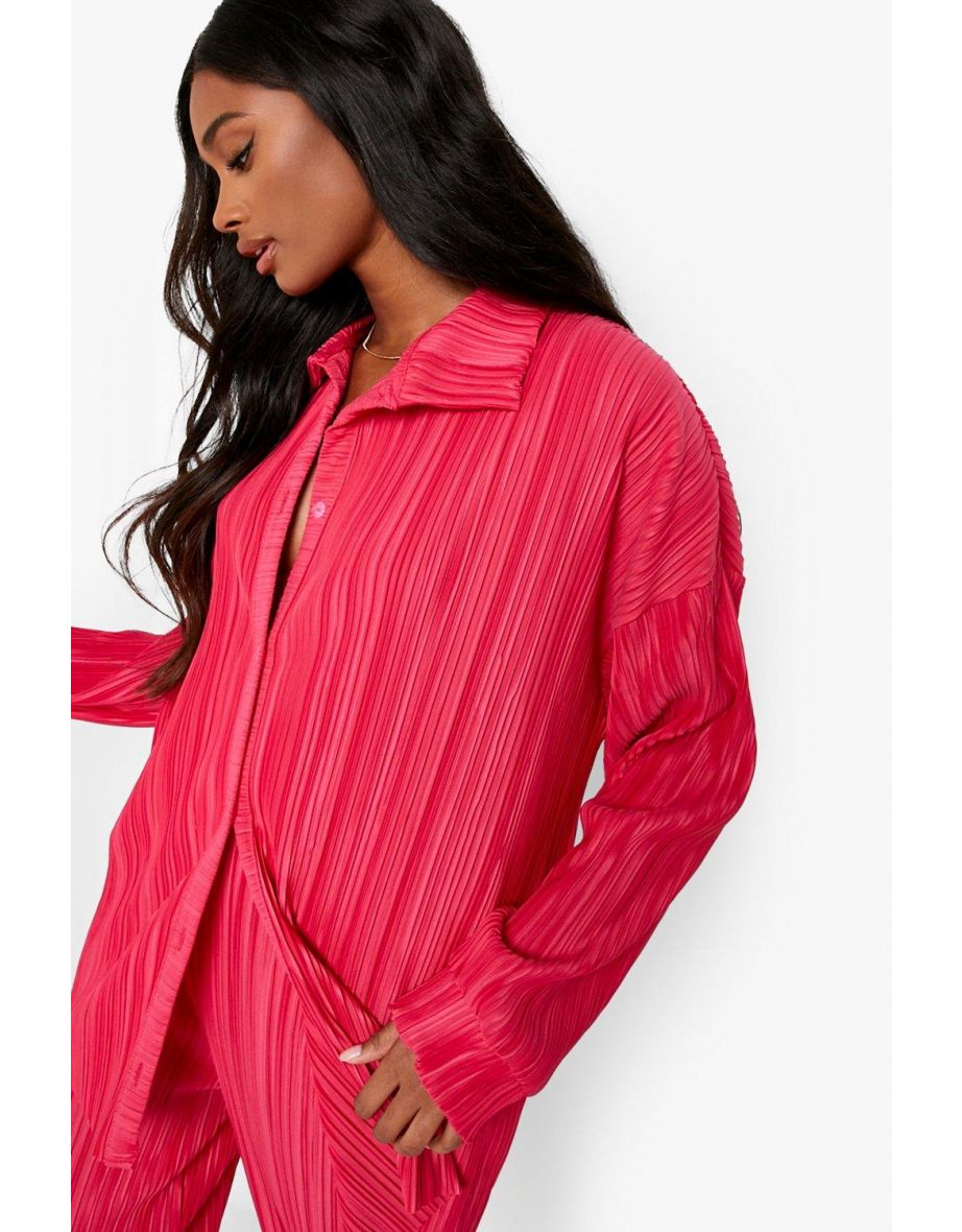 Plisse Oversized Relaxed Fit Shirt - hot pink - 3