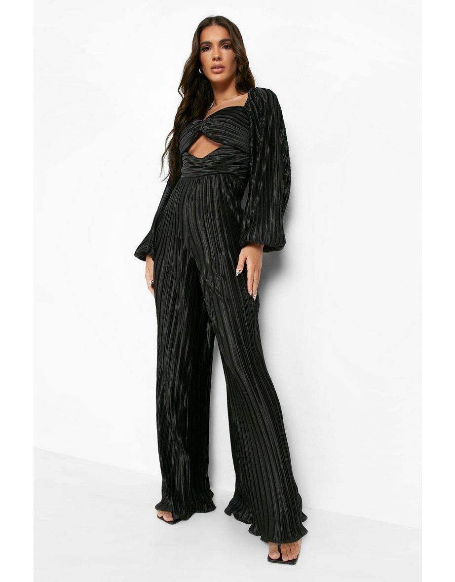 Plisse Cut Out Wide Leg Jumpsuit - black
