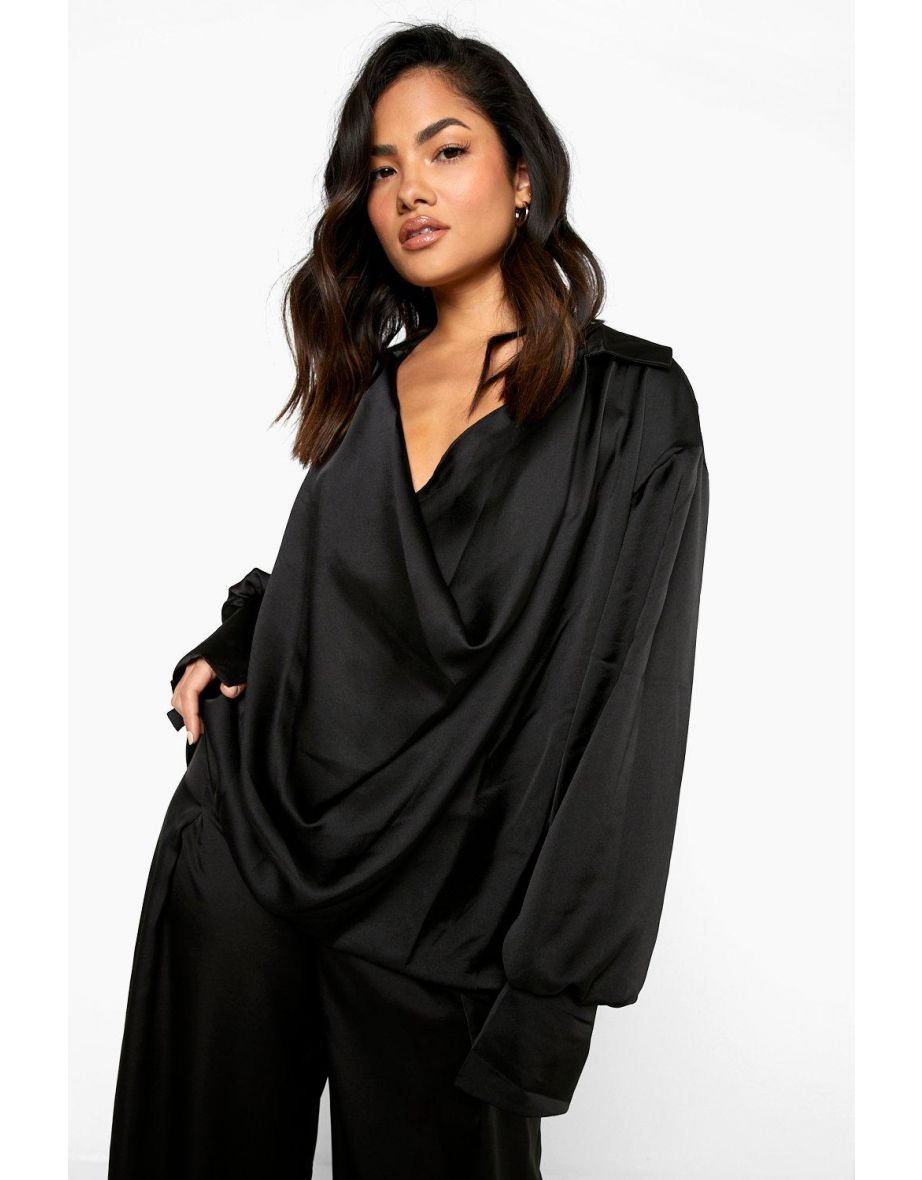 Satin Cowl Neck Oversized Cuff Shirt - black