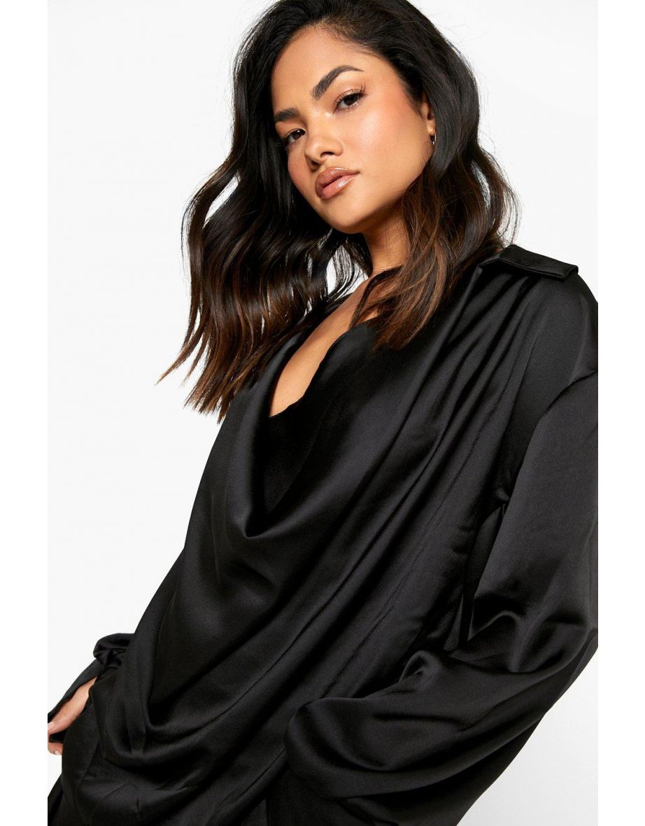 Satin Cowl Neck Oversized Cuff Shirt - black - 3