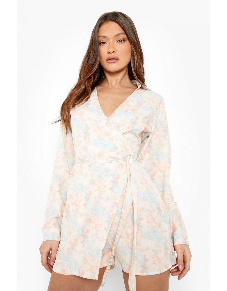 Abstract Print Wrap Playsuit - light pink