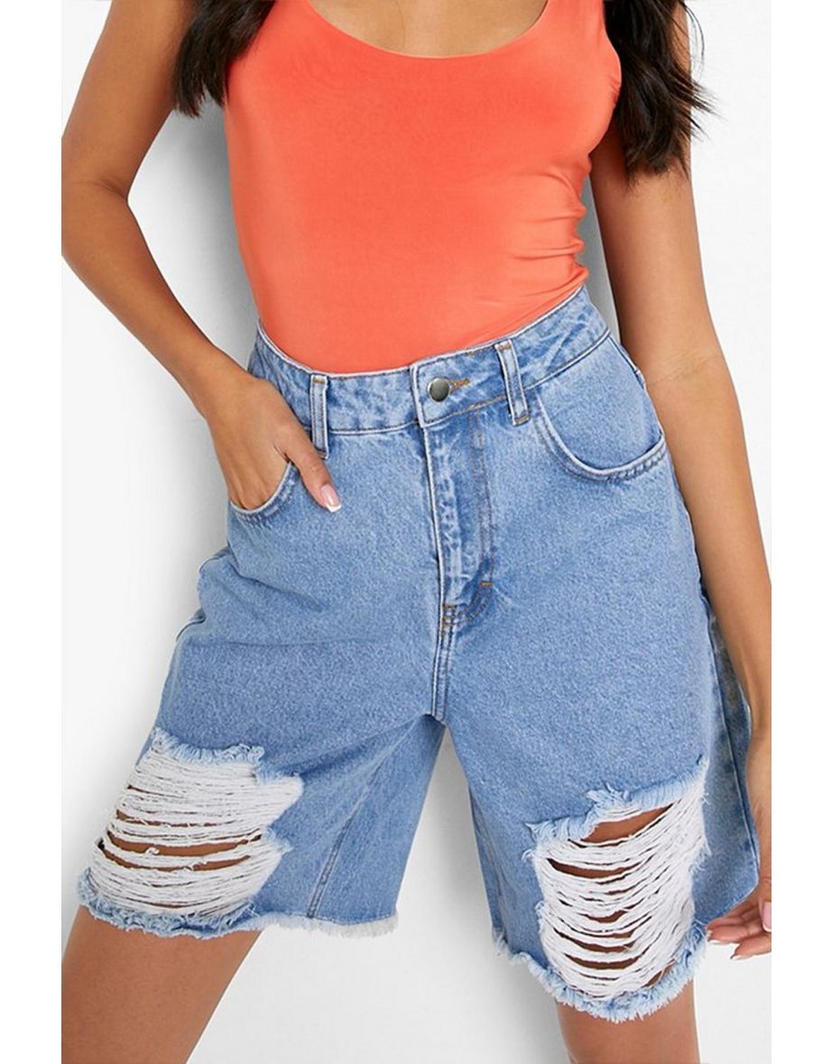 Oversized Distressed Denim Boyfriend Shorts - light wash - 3