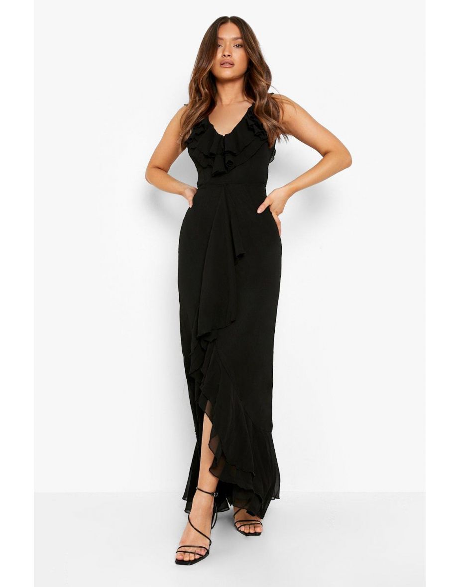 Double Ruffle Plunge Maxi Dress - black - 3