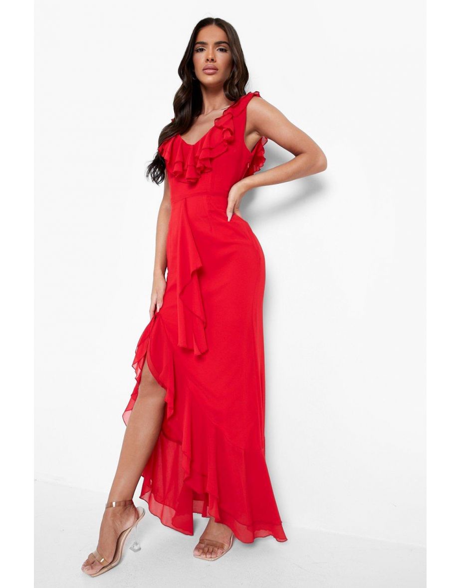Double Ruffle Plunge Maxi Dress - red