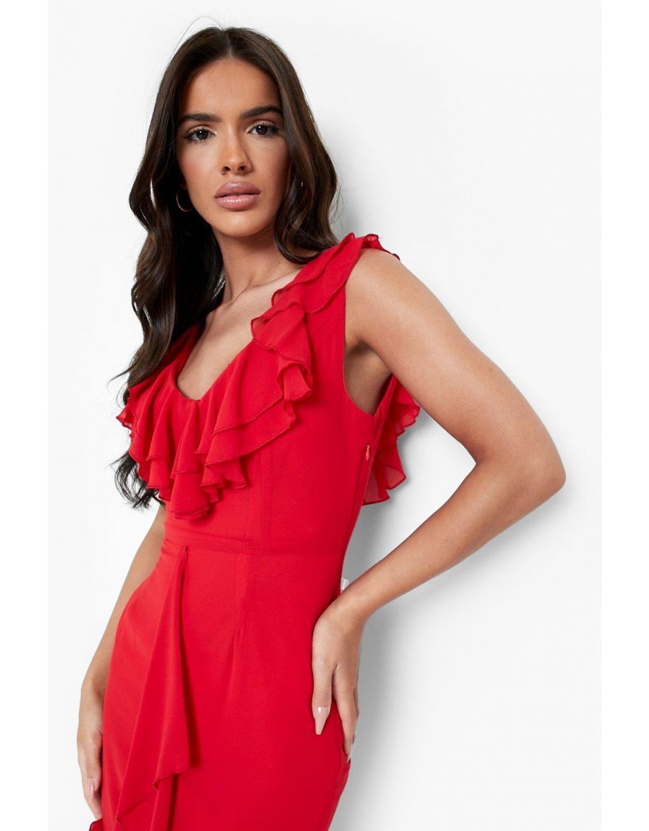 Double Ruffle Plunge Maxi Dress - red - 3