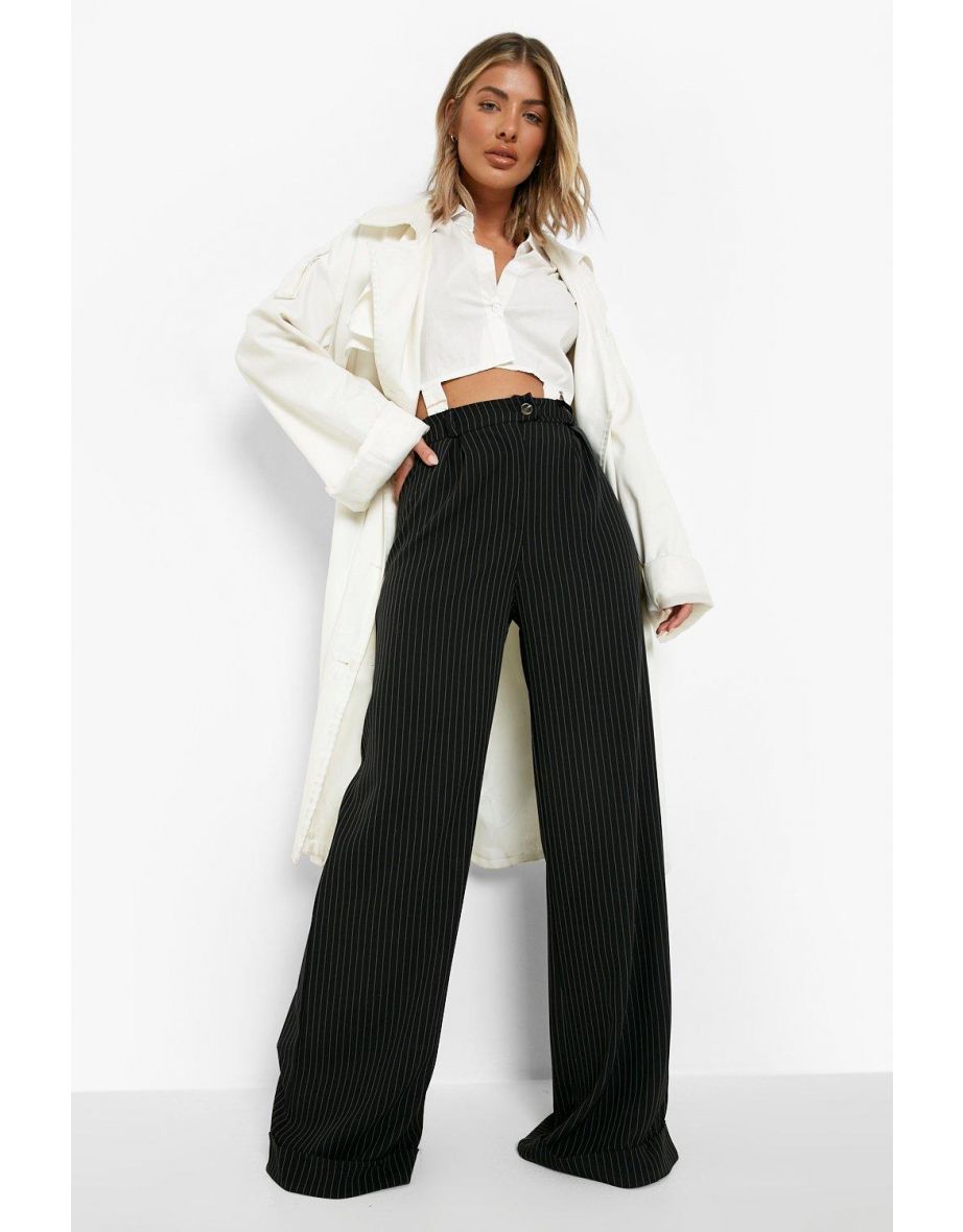 Puddle Hem Pinstripe Wide Leg Trouser - black