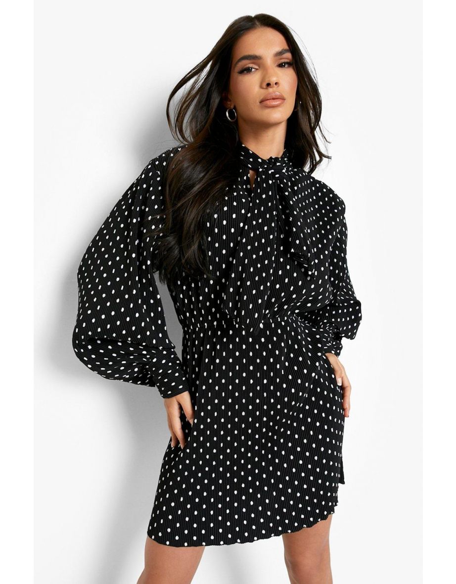 Tie Neck Polka Dot Plisse Skater Dress - black