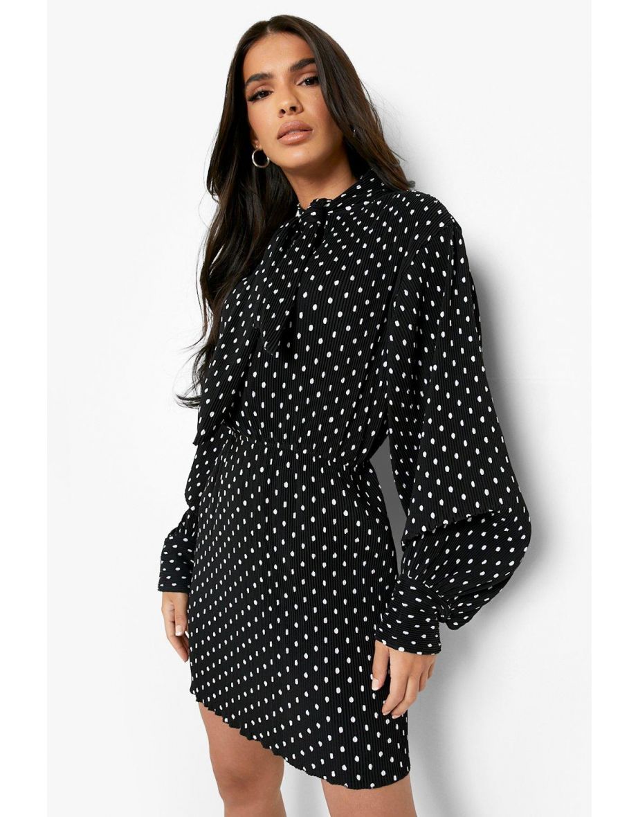 Tie Neck Polka Dot Plisse Skater Dress - black - 3