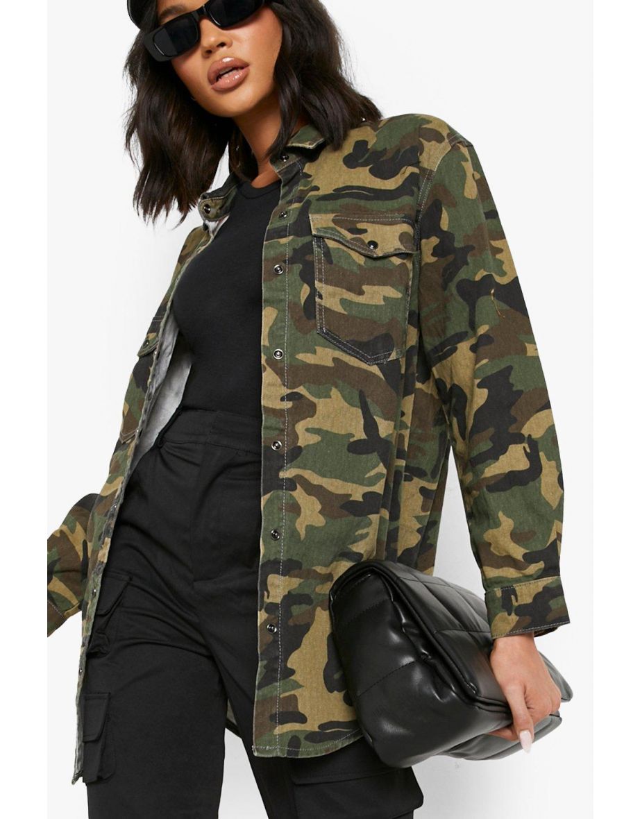 Camo Print Slim Fit Denim Shirt - khaki - 3
