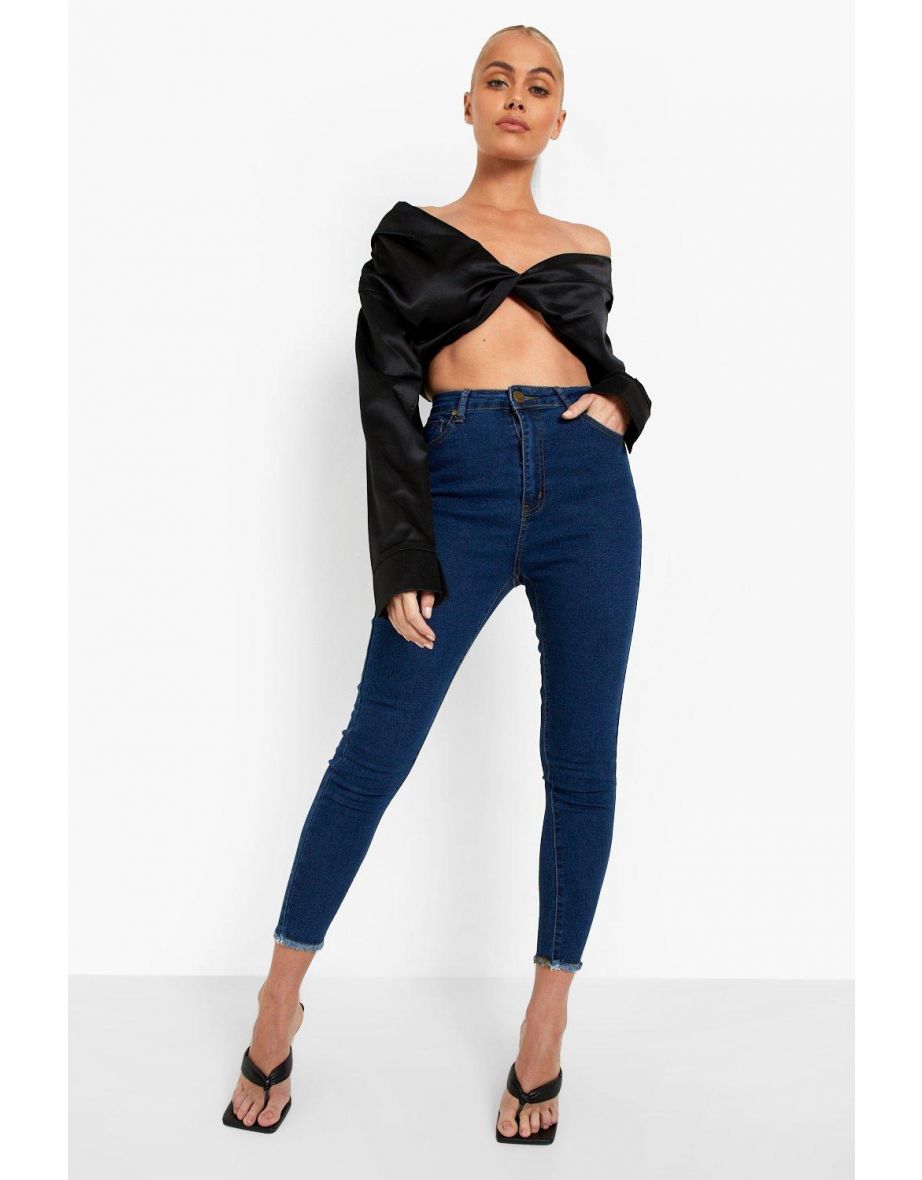 High waisted frayed hem jeans top