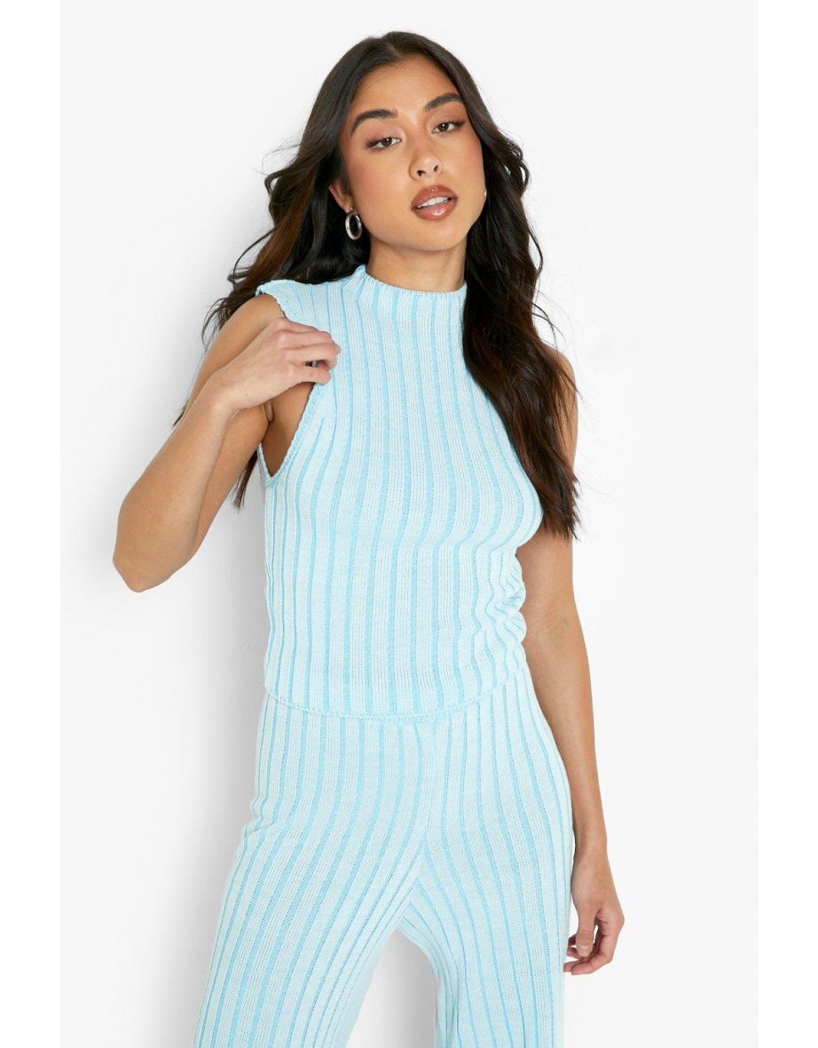 Marl Knitted High Neck Tank - blue