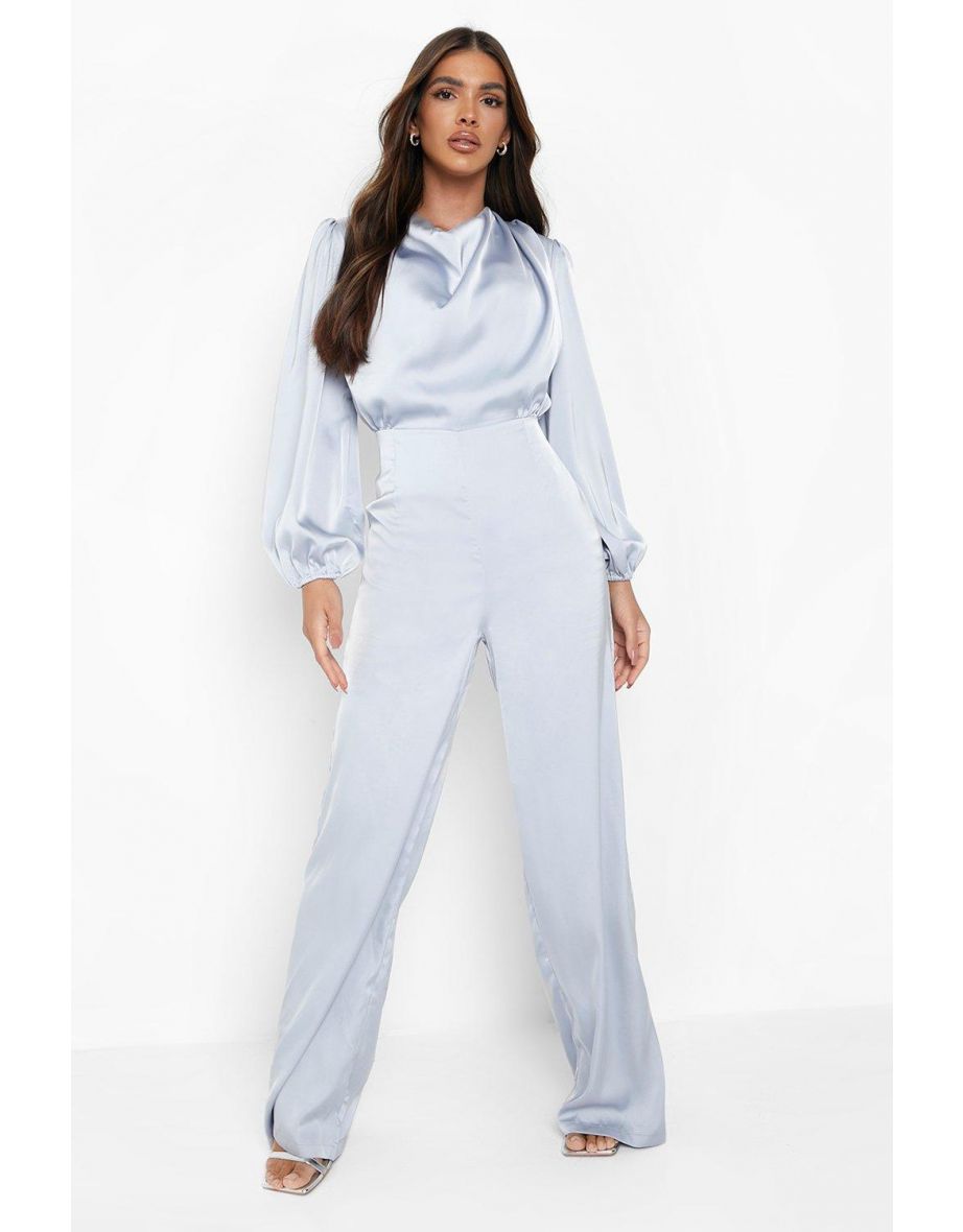 Satin Cowl Wide Leg Jumpsuit - grey