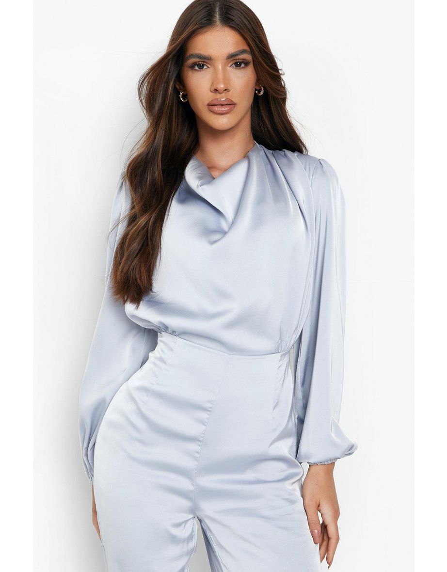 Satin Cowl Wide Leg Jumpsuit - grey - 3