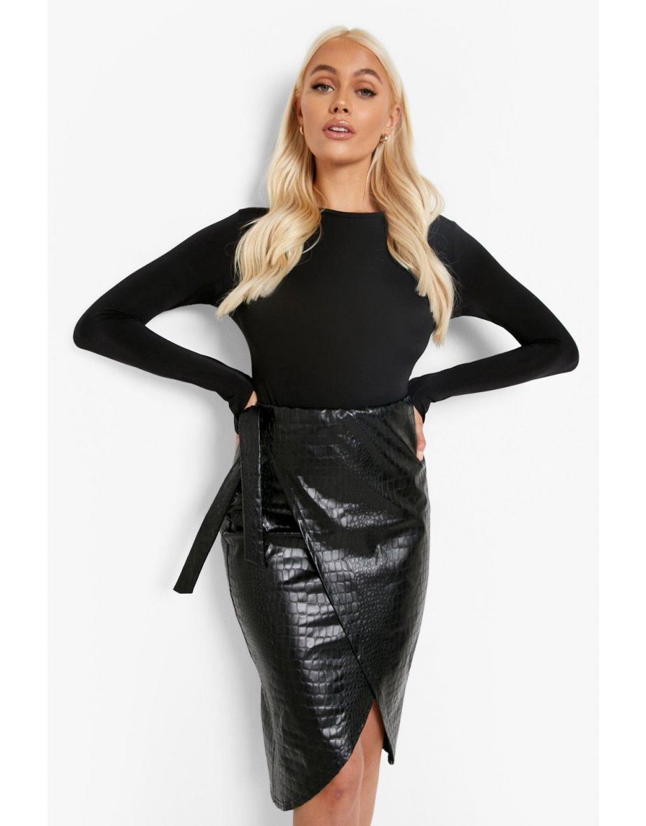 Croc Pu Tie Wrap Midi Skirt - black