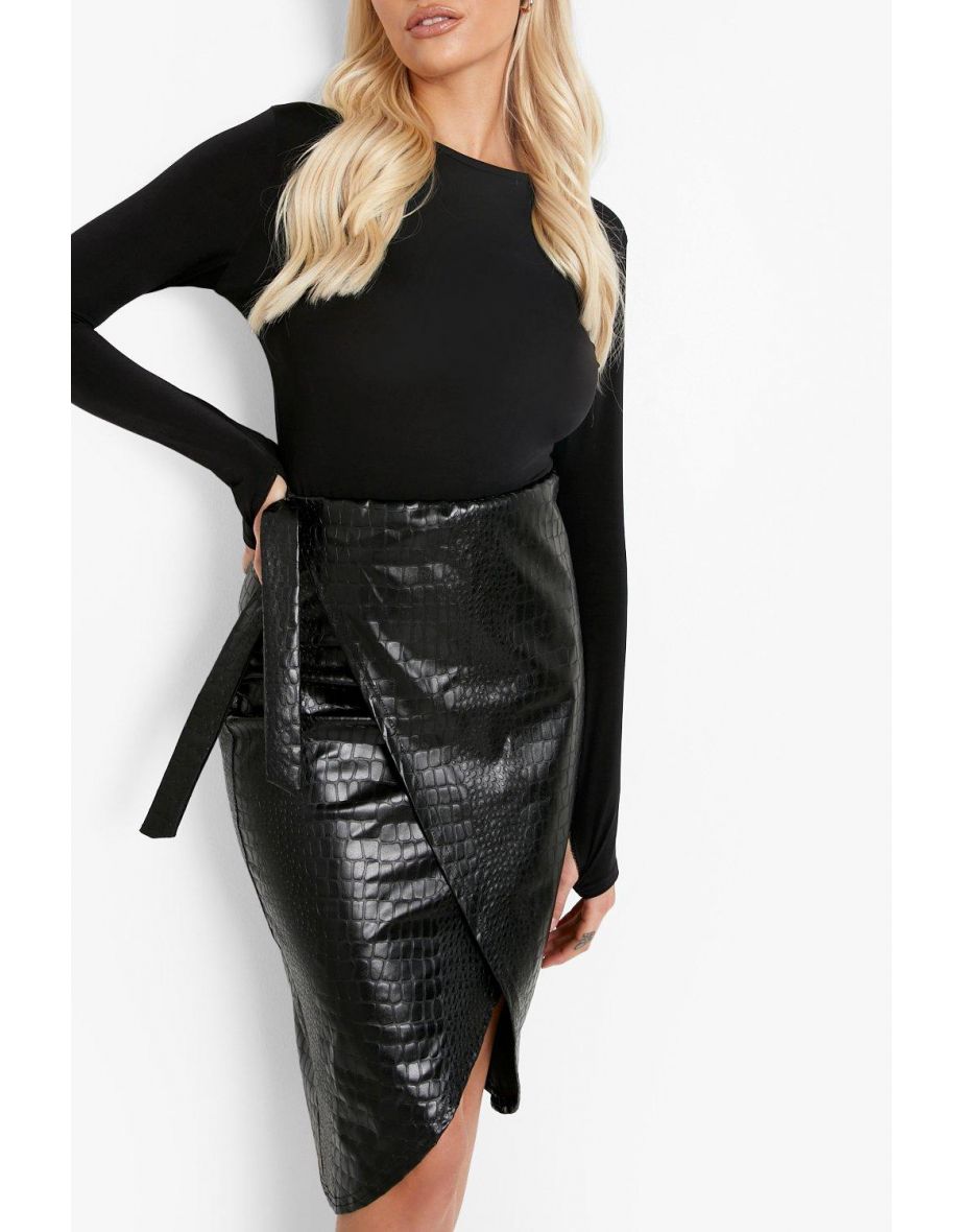 Croc Pu Tie Wrap Midi Skirt - black - 3